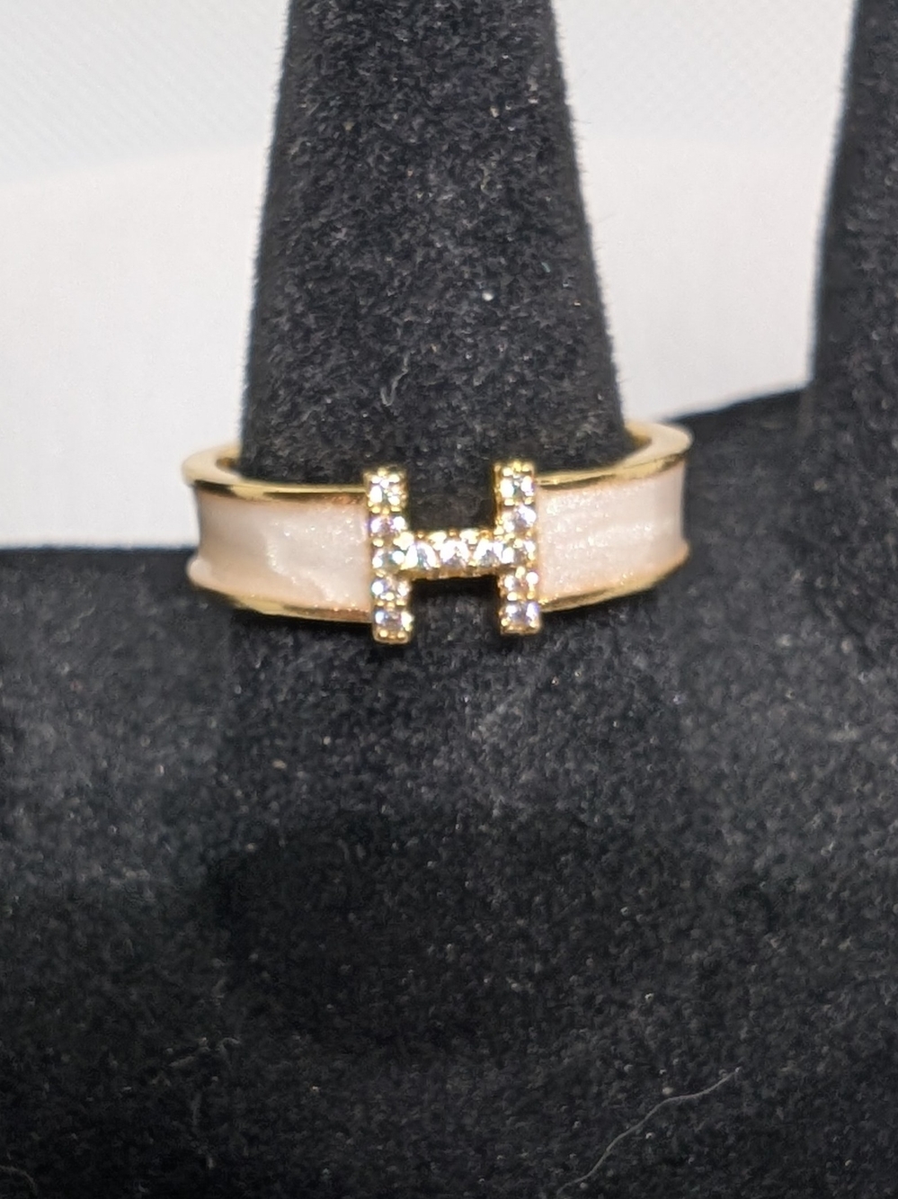 Gold Tone H Initial Ring with Pearl Enamel and Crystals